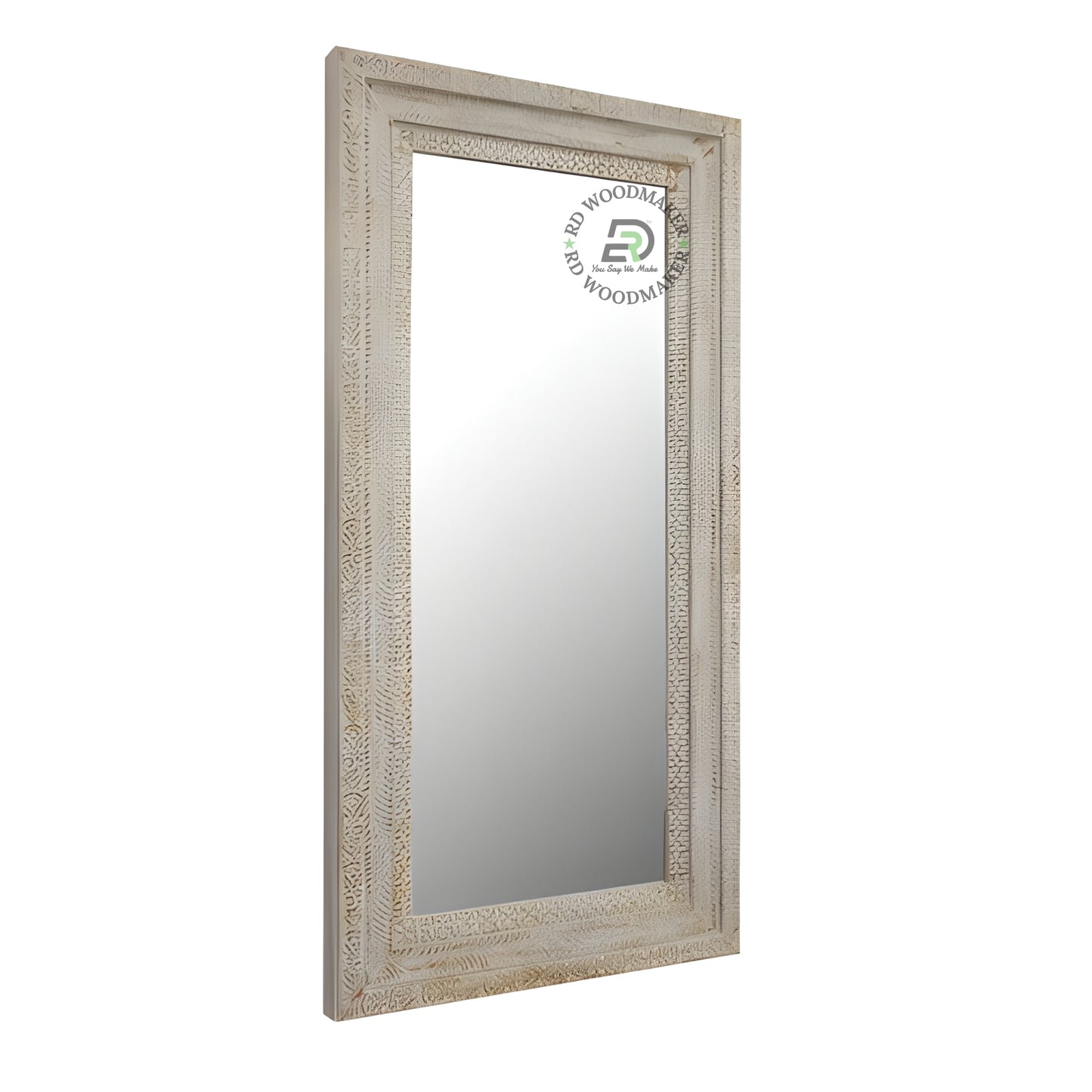 DISTRESSED WHITE CARVED FULL LENGTH WOODEN MIRROR