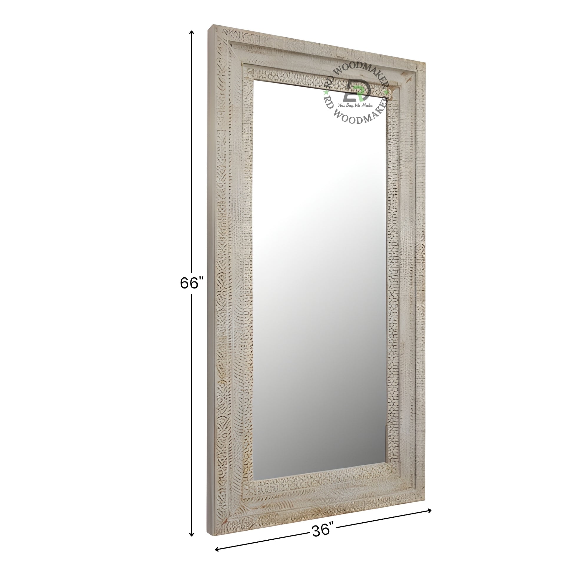 DISTRESSED WHITE CARVED FULL LENGTH WOODEN MIRROR