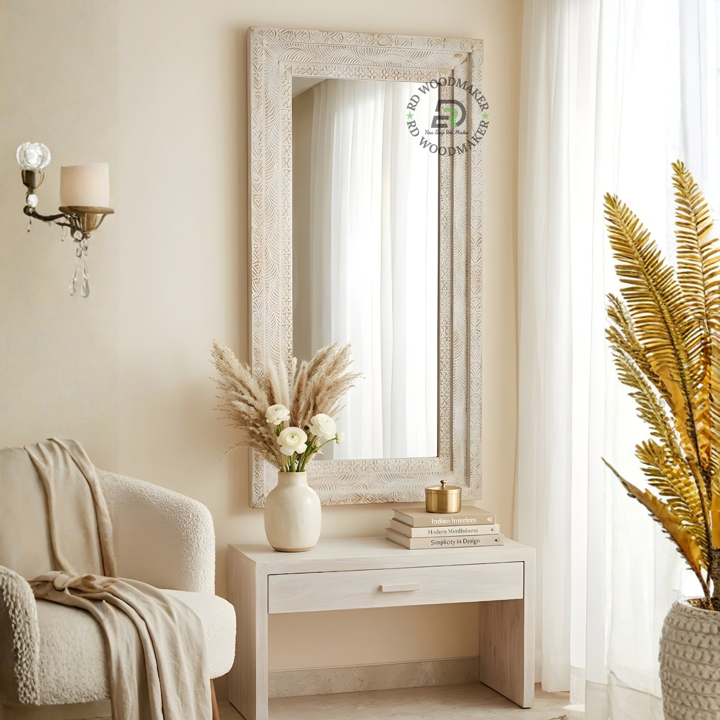 DISTRESSED WHITE CARVED FULL LENGTH WOODEN MIRROR