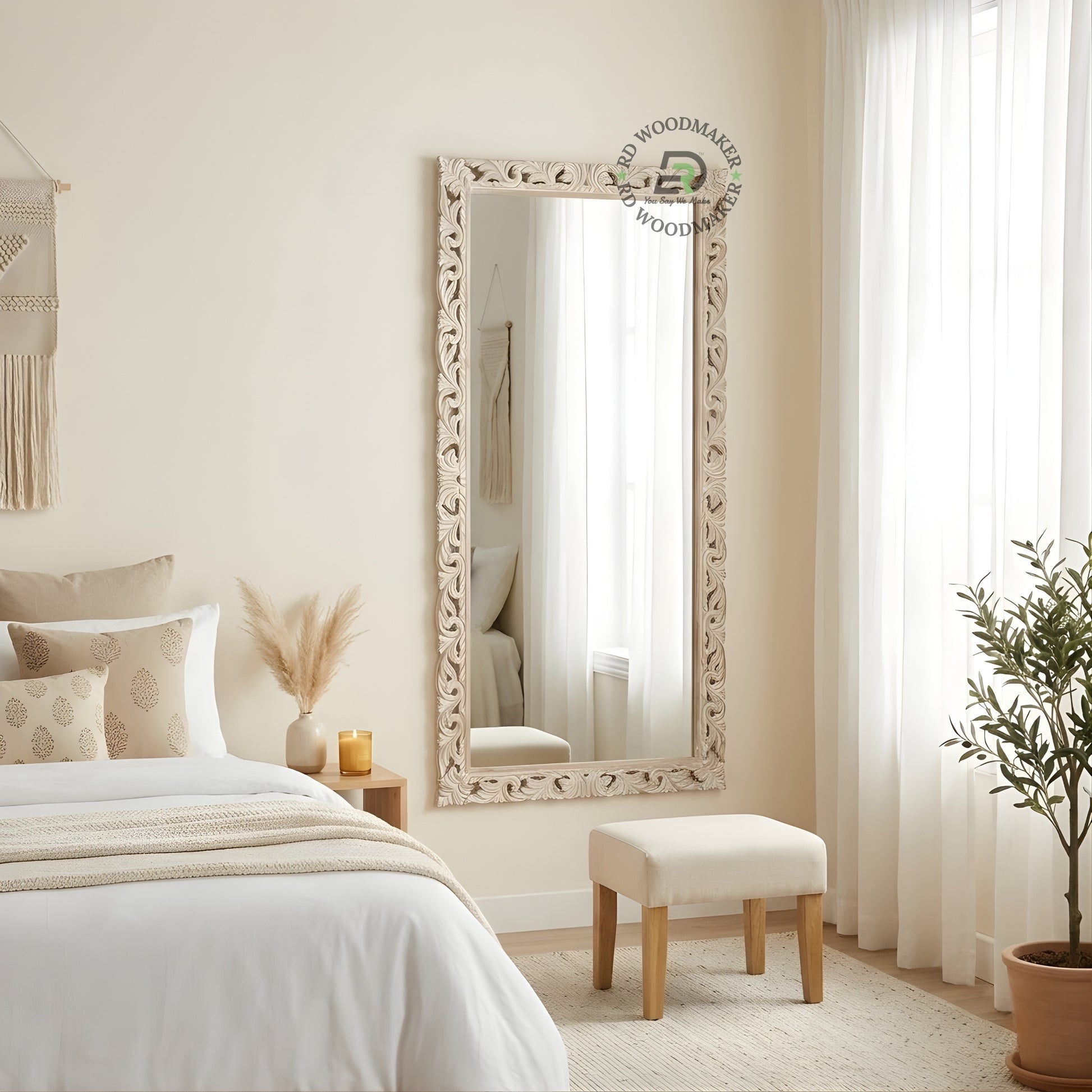 ORNATE HAND CARVED FULL LENGTH WOODEN MIRROR