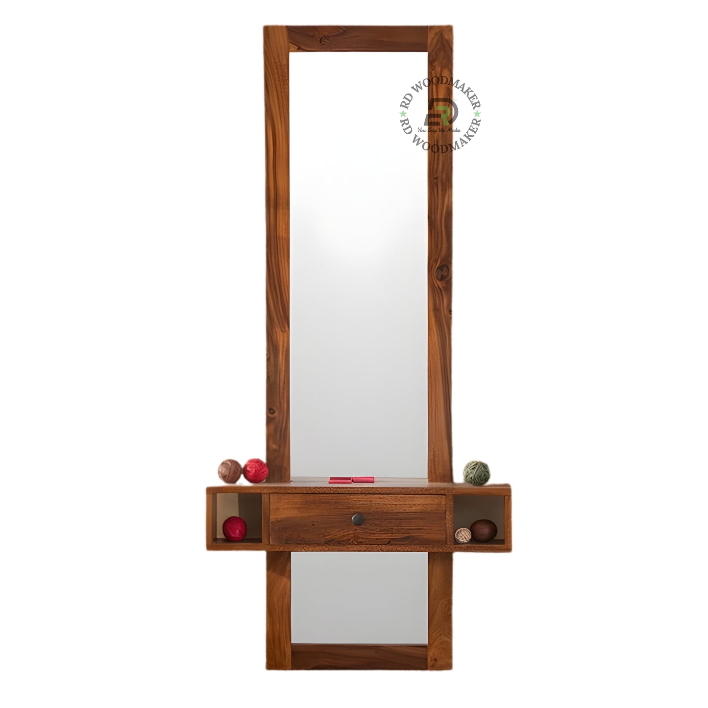 Wooden Wall Mirror with Storage Drawer and Shelves