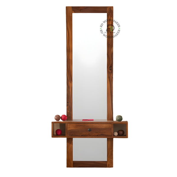 Wooden Wall Mirror with Storage Drawer and Shelves