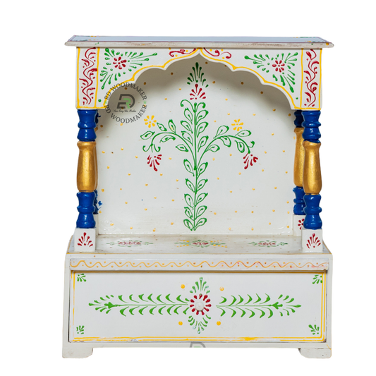 HAND PAINTED COMPACT WOODEN POOJA MANDIR WITH STORAGE DRAWER