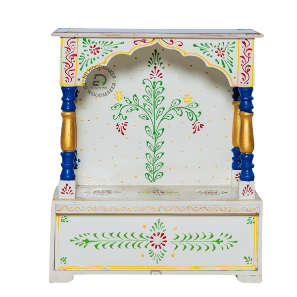 HAND PAINTED COMPACT WOODEN POOJA MANDIR WITH STORAGE DRAWER