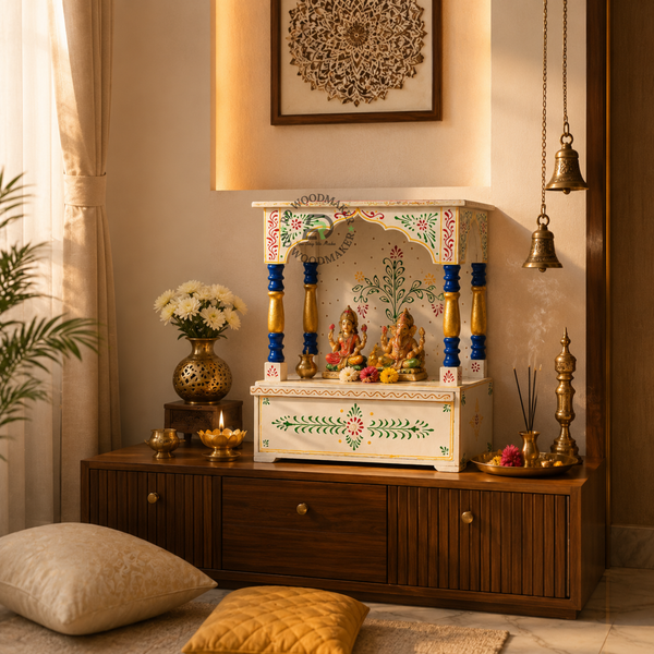 HAND PAINTED COMPACT WOODEN POOJA MANDIR WITH STORAGE DRAWER