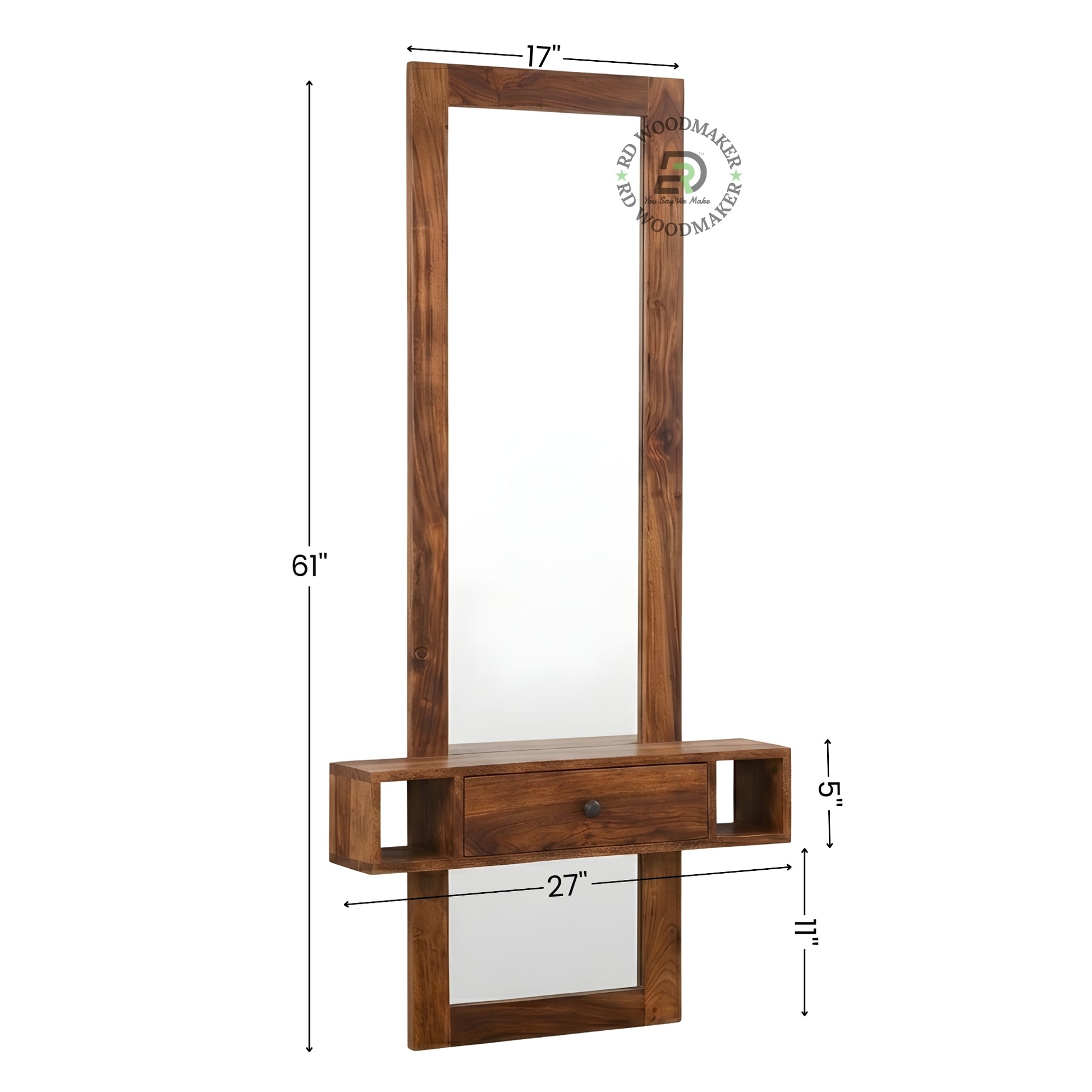 Wooden Wall Mirror with Storage Drawer and Shelves