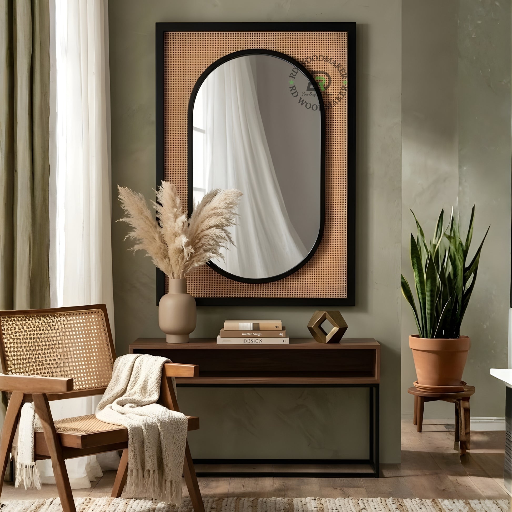 MODERN CANE PANEL OVAL FRAME WALL MIRROR
