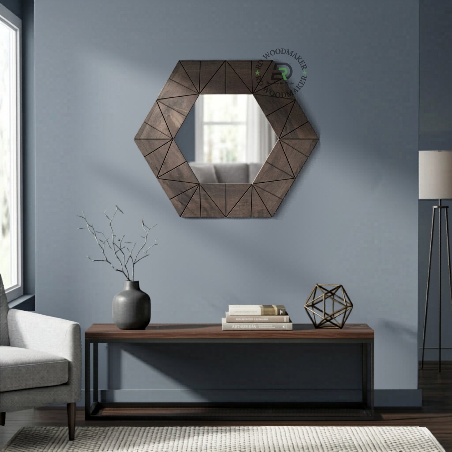 GEOMETRIC HEXAGONAL WOOD FRAME WALL MIRROR