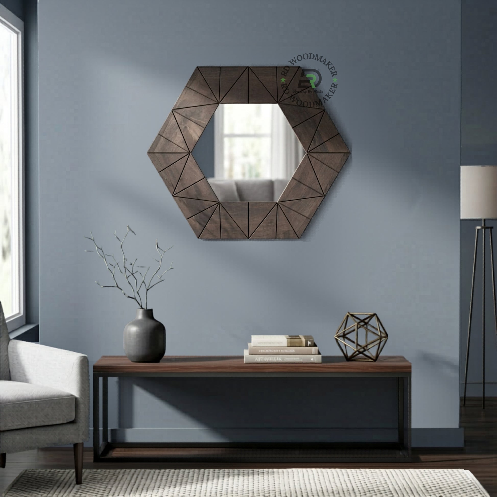 GEOMETRIC HEXAGONAL WOOD FRAME WALL MIRROR