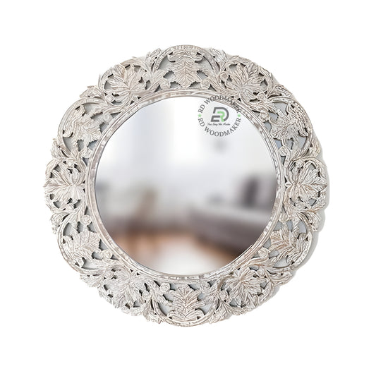 VINTAGE ROUND CARVED WOODEN WALL MIRROR