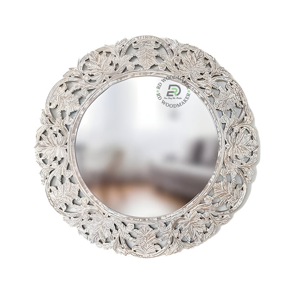 VINTAGE ROUND CARVED WOODEN WALL MIRROR