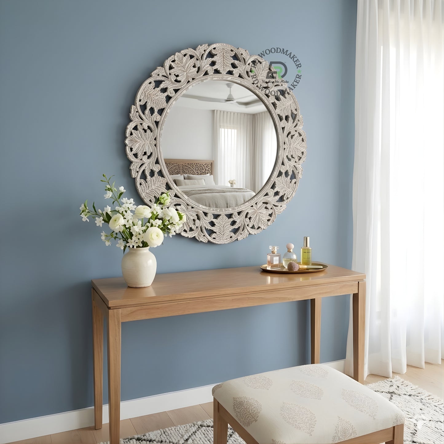VINTAGE ROUND CARVED WOODEN WALL MIRROR