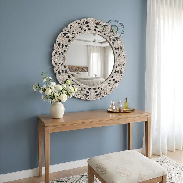 VINTAGE ROUND CARVED WOODEN WALL MIRROR