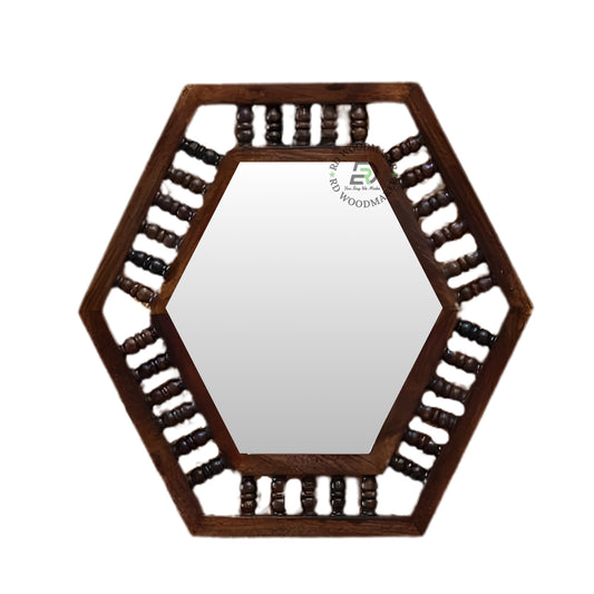 HEXAGONAL SPINDLE FRAME WOODEN WALL MIRROR