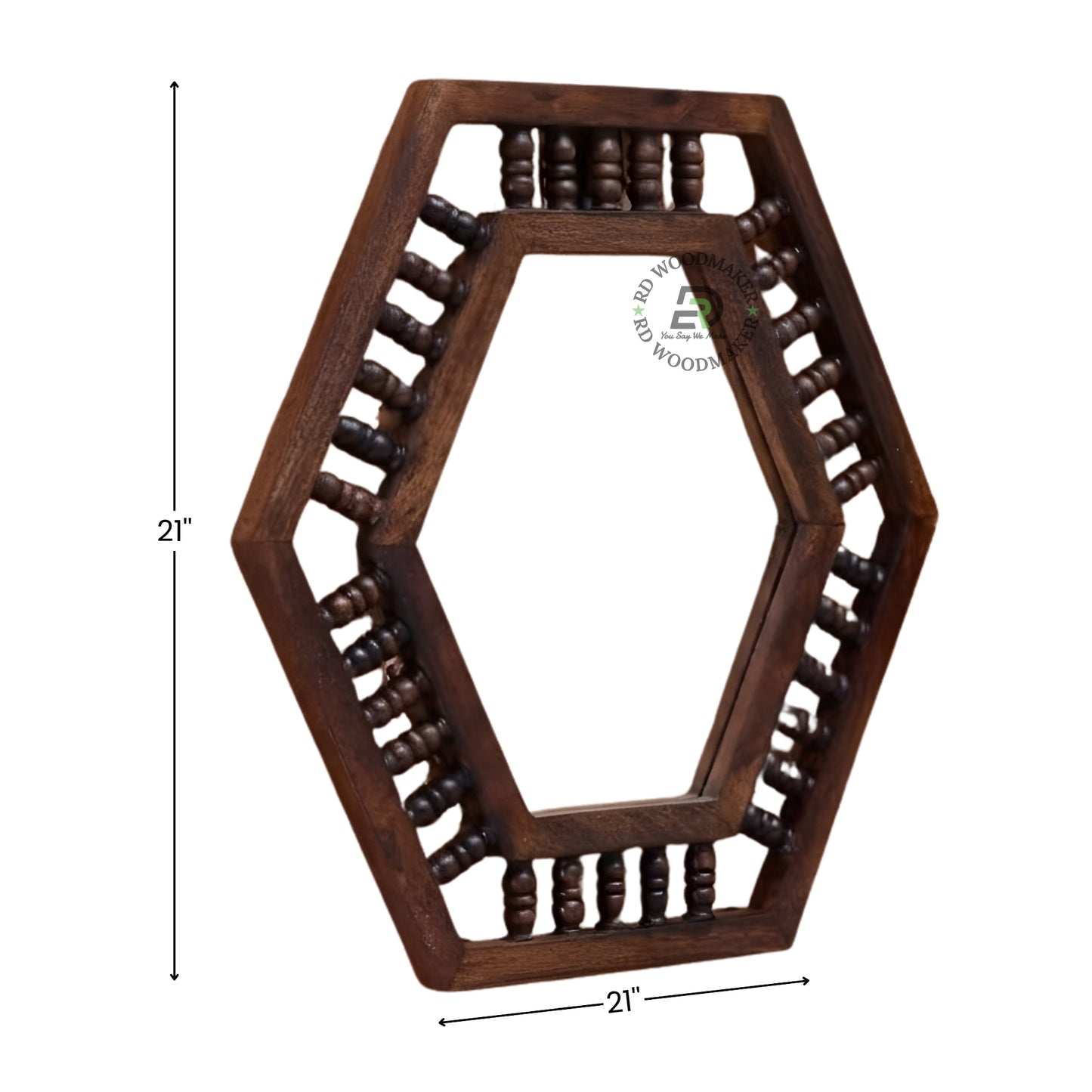 HEXAGONAL SPINDLE FRAME WOODEN WALL MIRROR
