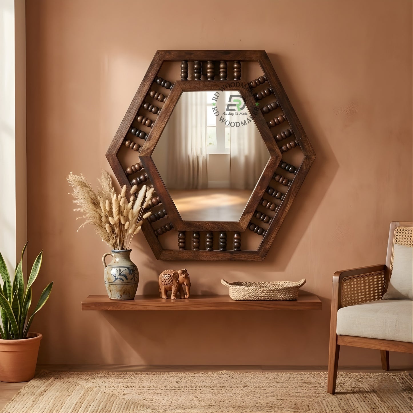 HEXAGONAL SPINDLE FRAME WOODEN WALL MIRROR
