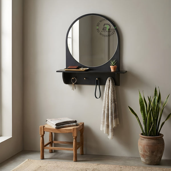 MODERN ROUND MIRROR WITH SHELF & HOOKS