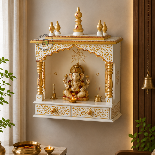 LUXURY HAND PAINTED WOODEN HOME TEMPLE WITH GOLDEN CARVING