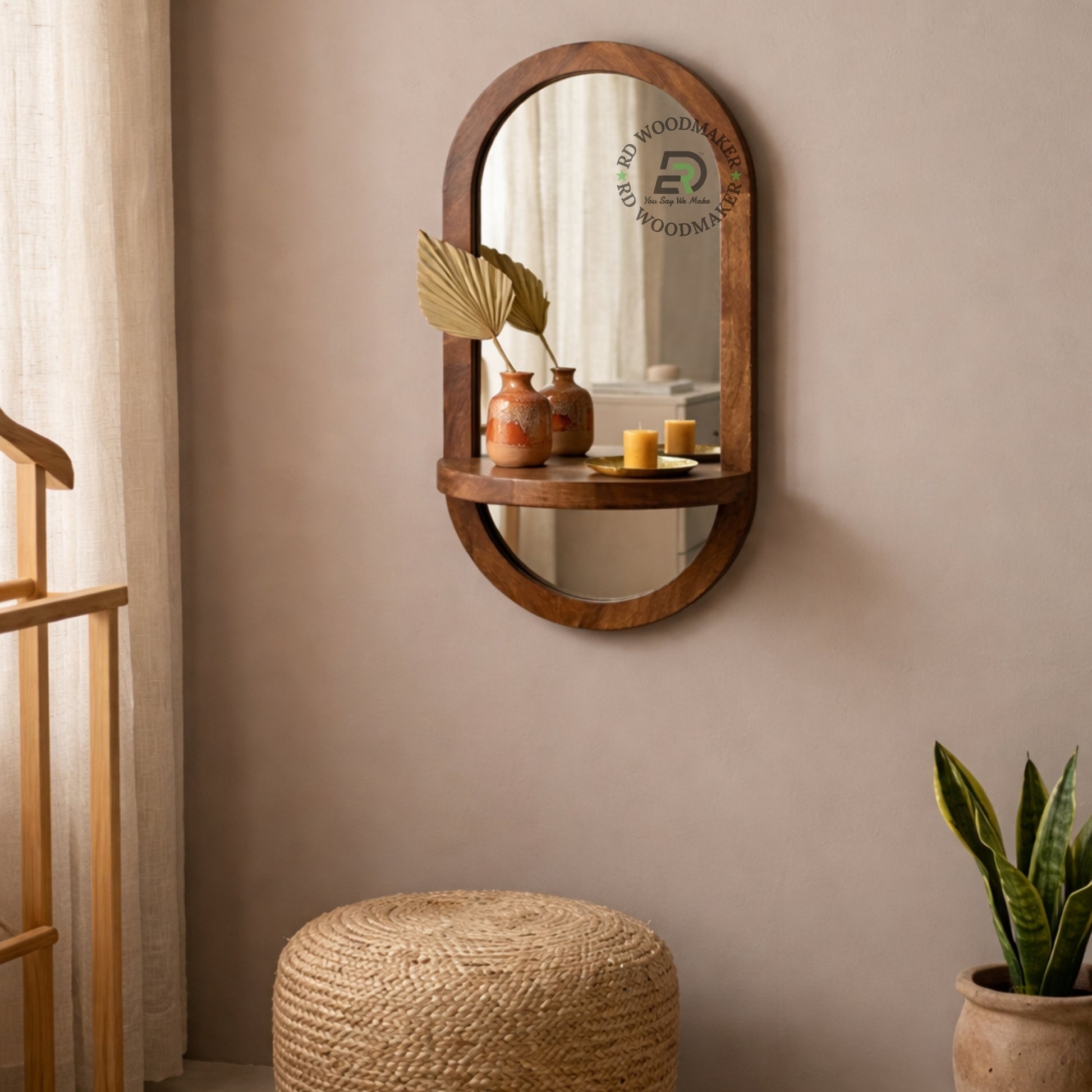 ELEGANT ARCH WOODEN MIRROR WITH DISPLAY SHELF