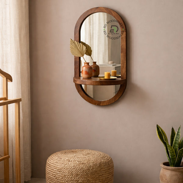 ELEGANT ARCH WOODEN MIRROR WITH DISPLAY SHELF
