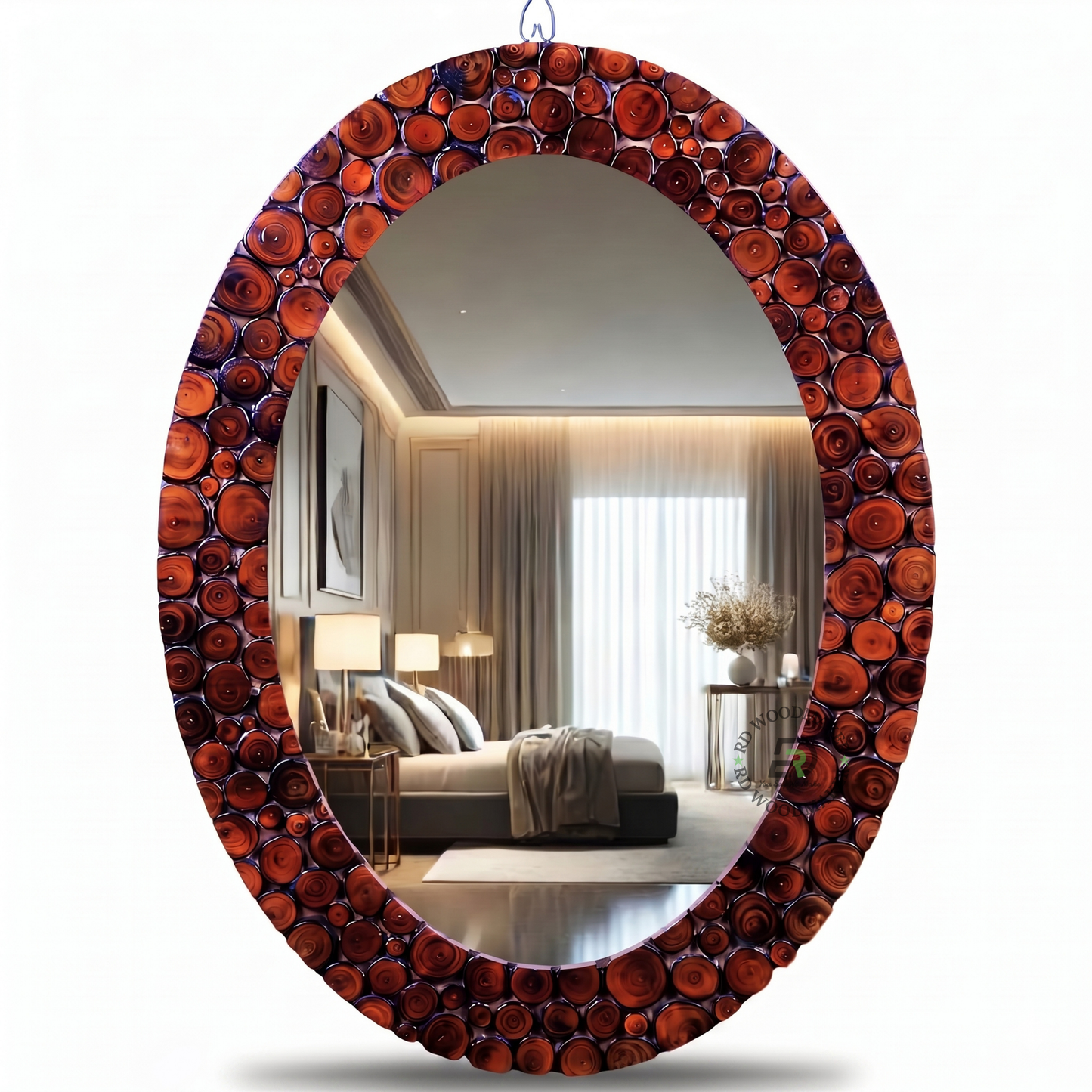 RED RESIN WOOD SLICE OVAL WALL MIRROR