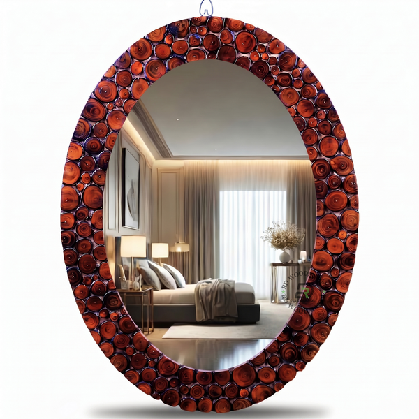 RED RESIN WOOD SLICE OVAL WALL MIRROR