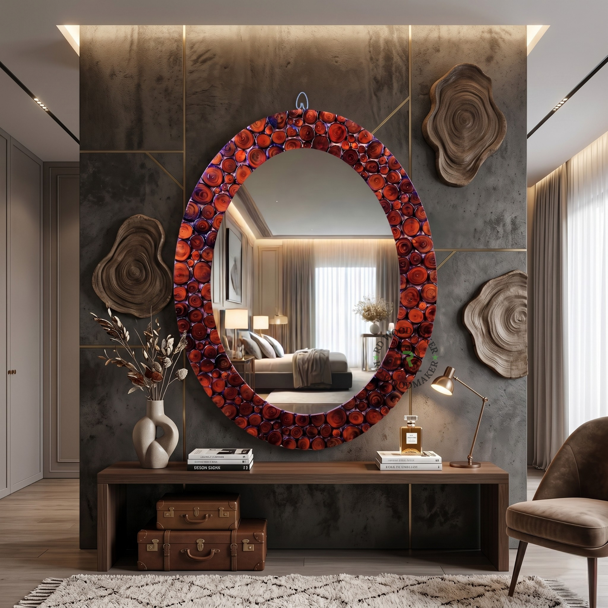RED RESIN WOOD SLICE OVAL WALL MIRROR