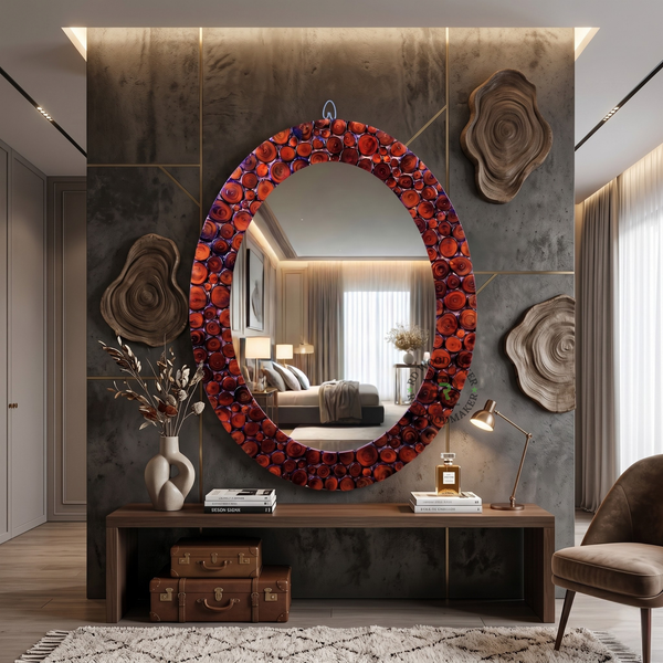 RED RESIN WOOD SLICE OVAL WALL MIRROR