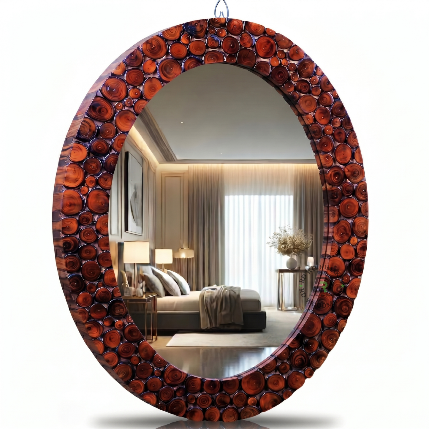 RED RESIN WOOD SLICE OVAL WALL MIRROR