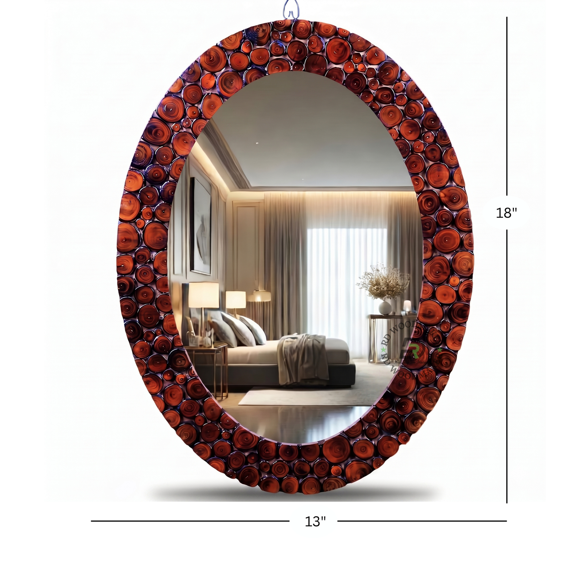 RED RESIN WOOD SLICE OVAL WALL MIRROR