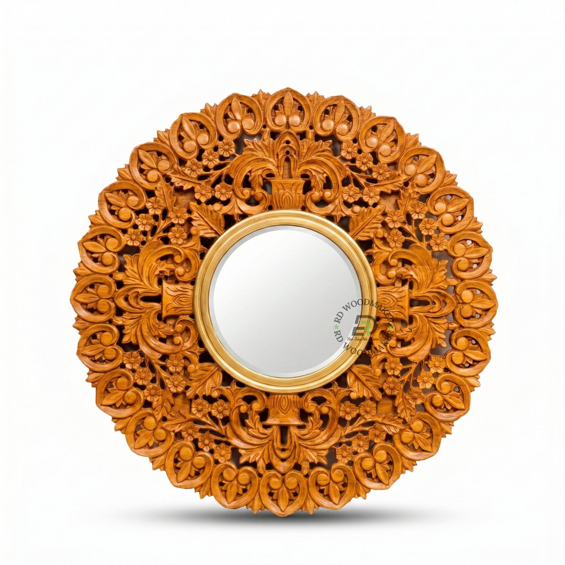 HANDCARVED FLORAL ROUND WOODEN WALL MIRROR