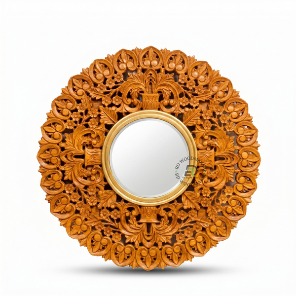 HANDCARVED FLORAL ROUND WOODEN WALL MIRROR