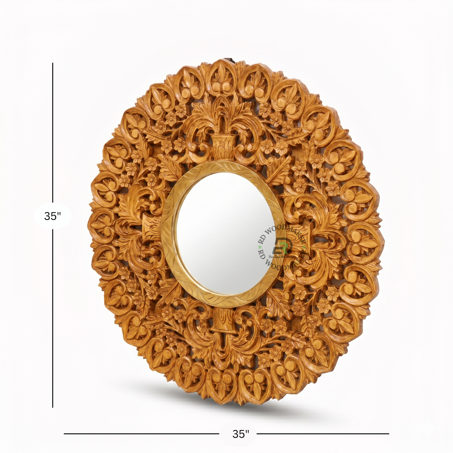 HANDCARVED FLORAL ROUND WOODEN WALL MIRROR