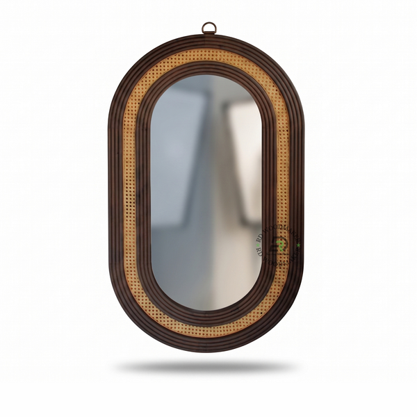 OVAL CANE WOODEN WALL MIRROR