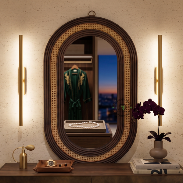 OVAL CANE WOODEN WALL MIRROR