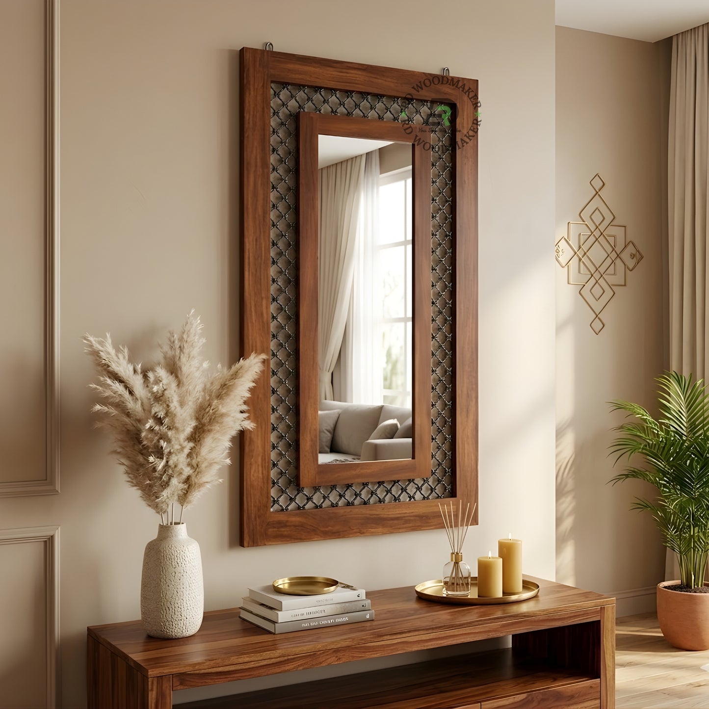 Decorative Wooden Frame Mirror with Metal Jali Design