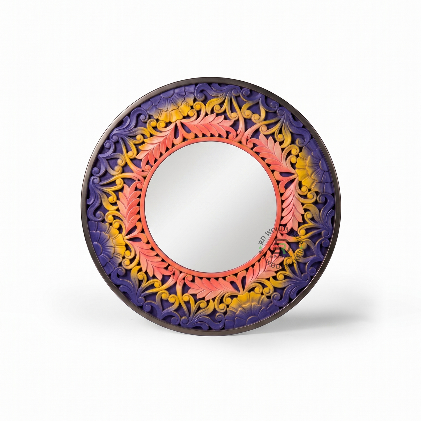 HANDCARVED MULTICOLOR FLORAL ROUND WALL MIRROR