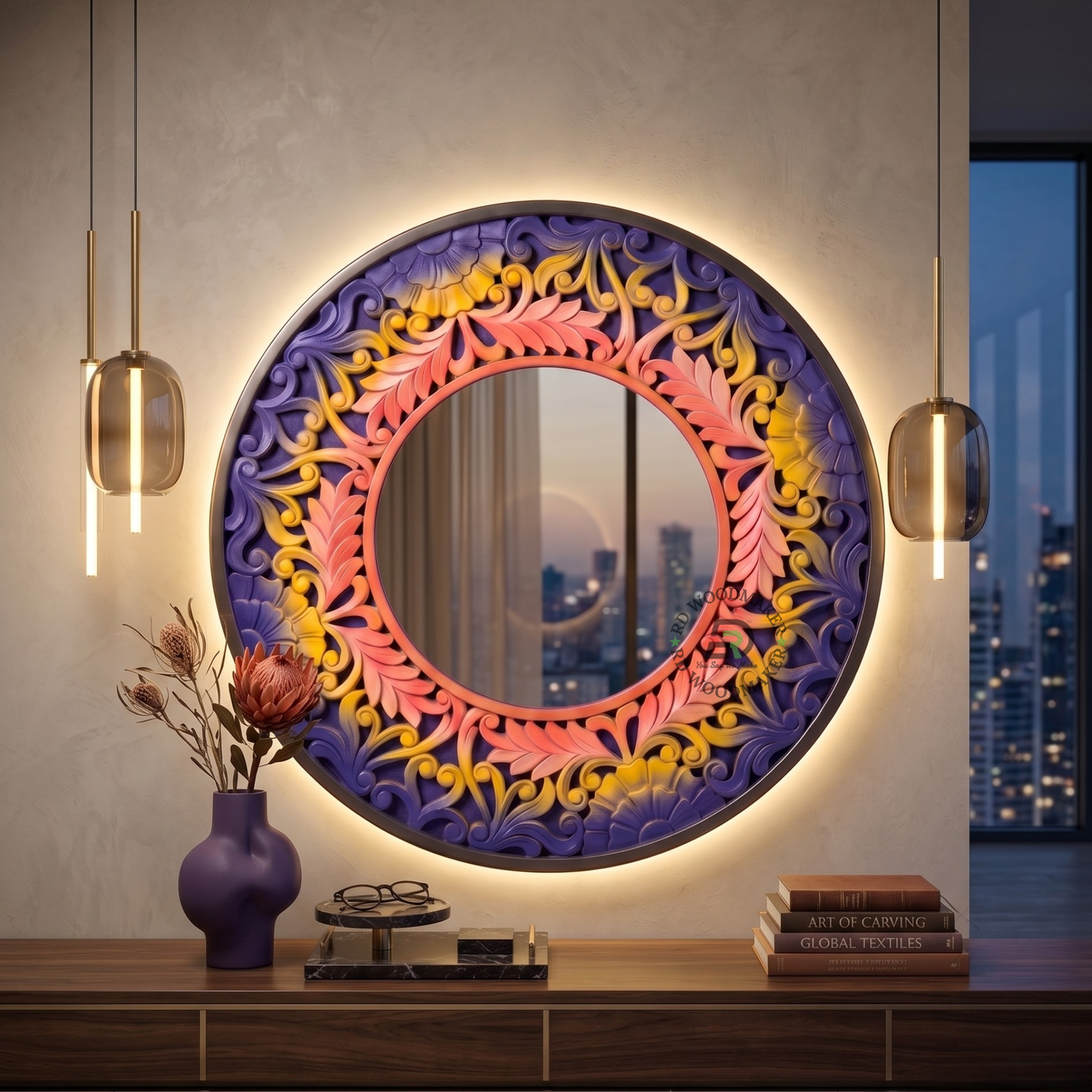 HANDCARVED MULTICOLOR FLORAL ROUND WALL MIRROR