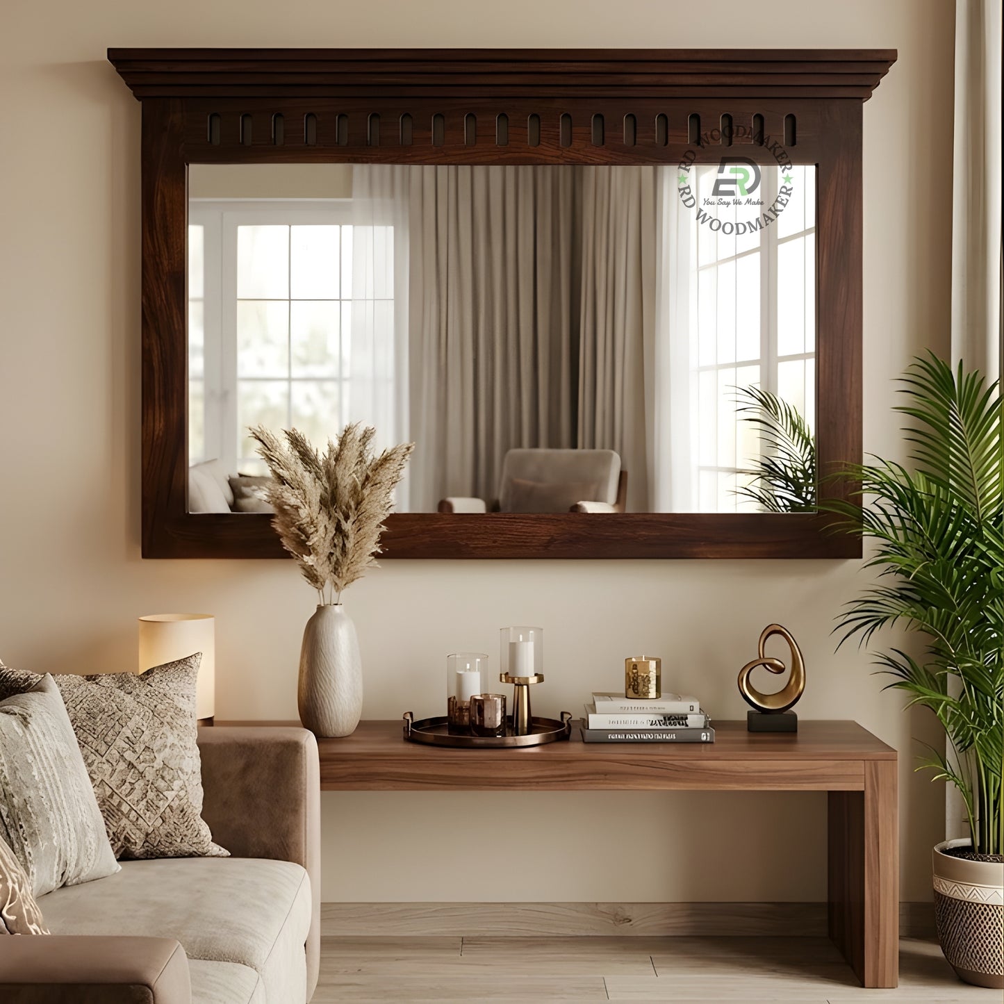 Classic Wooden Wall Mirror with Carved Top Frame