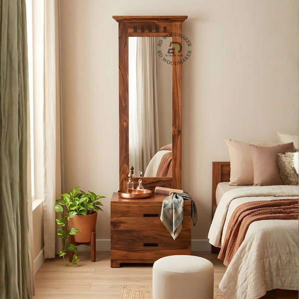 Solid Wood Dressing Mirror with 2 Drawer Storage Base
