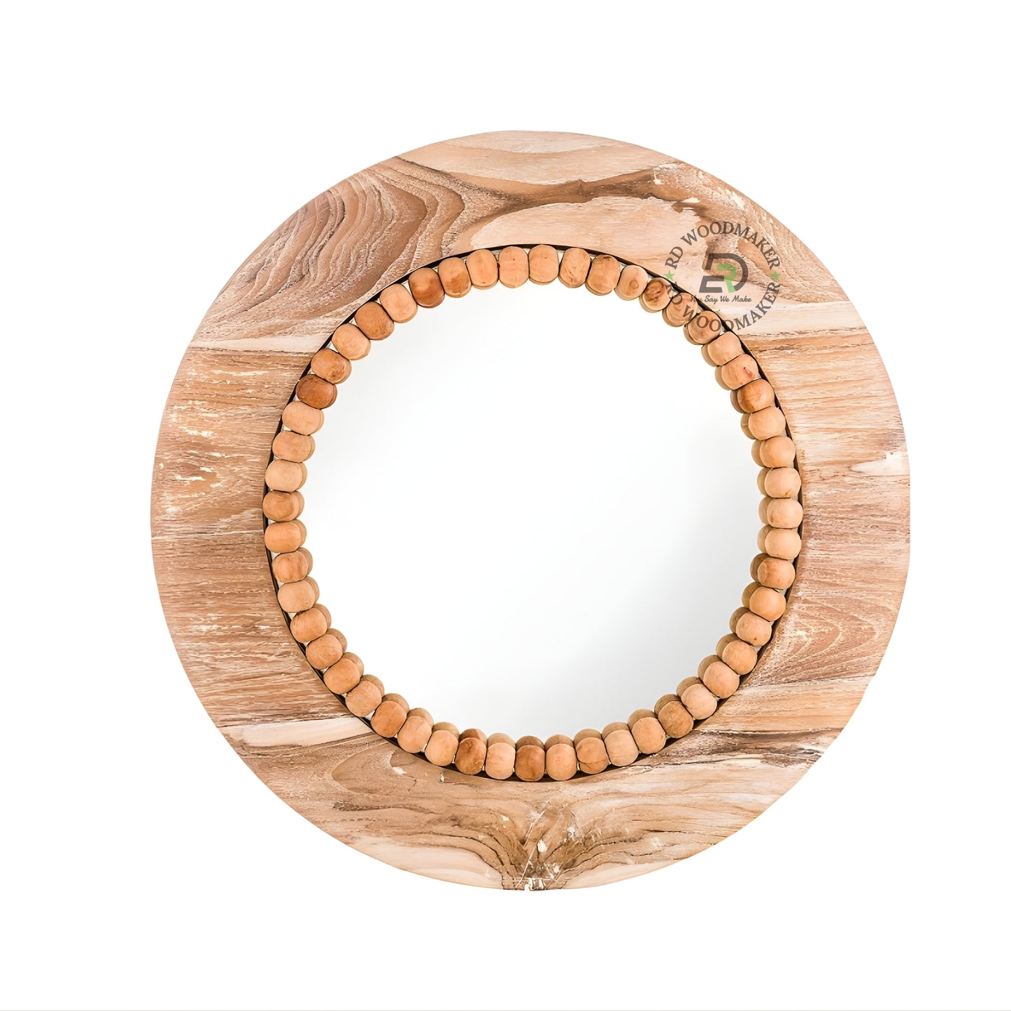 Round Wooden Decorative Mirror with Beaded Frame