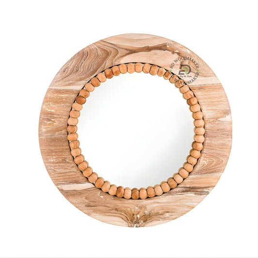 Round Wooden Decorative Mirror with Beaded Frame