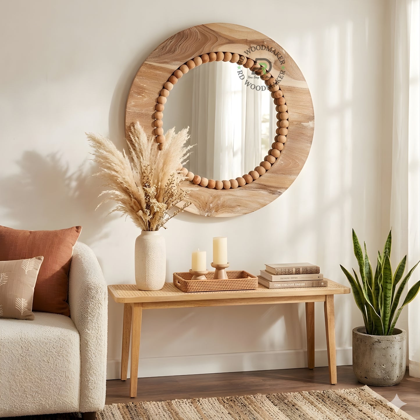 Round Wooden Decorative Mirror with Beaded Frame