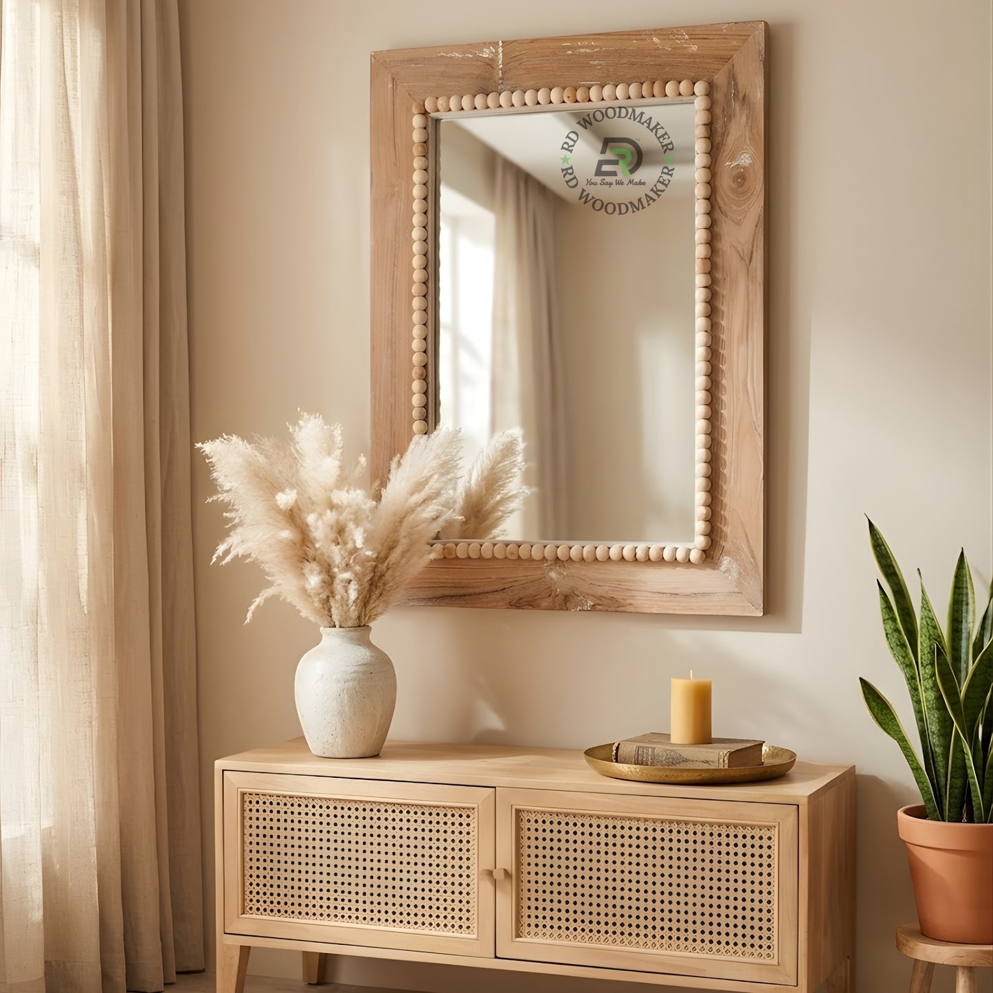 Square Wooden Frame Mirror with Beaded Inner Border