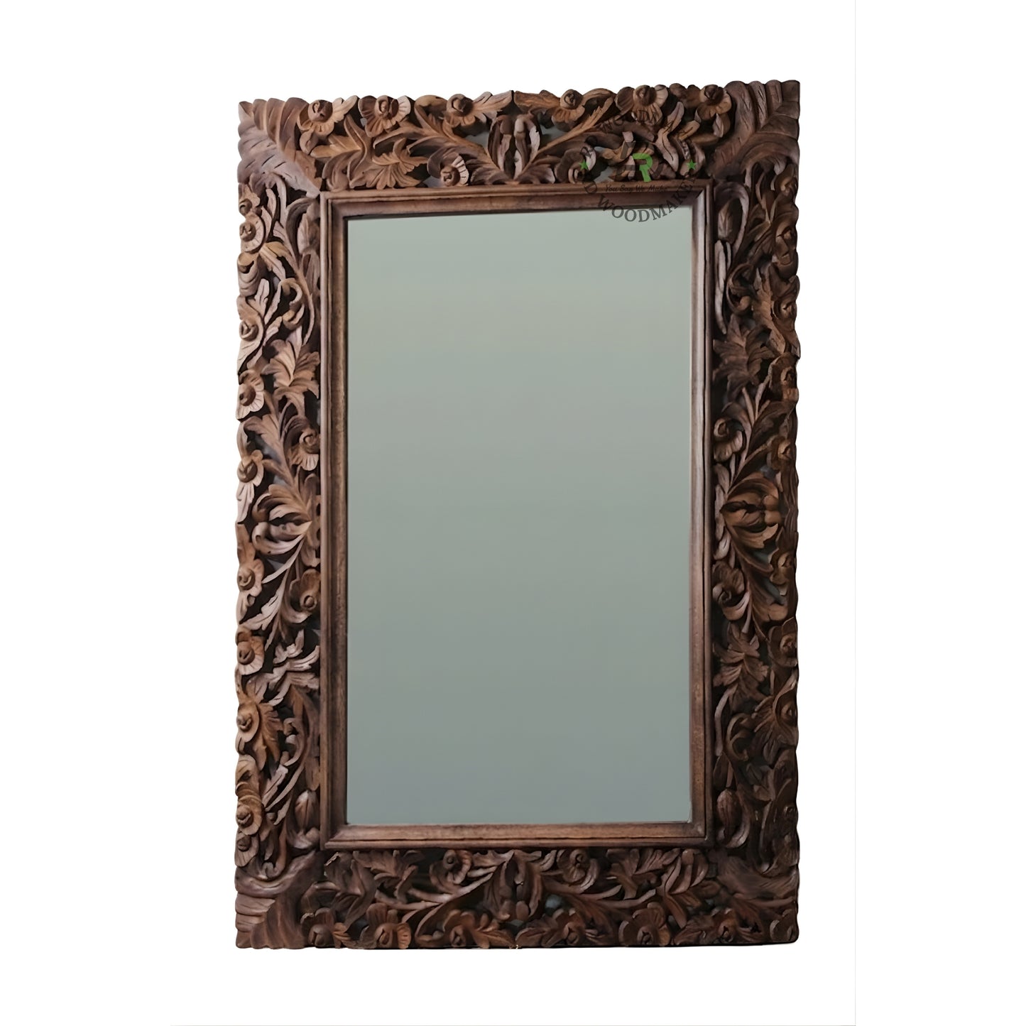 Hand Carved Wooden Wall Mirror with Floral Design Frame