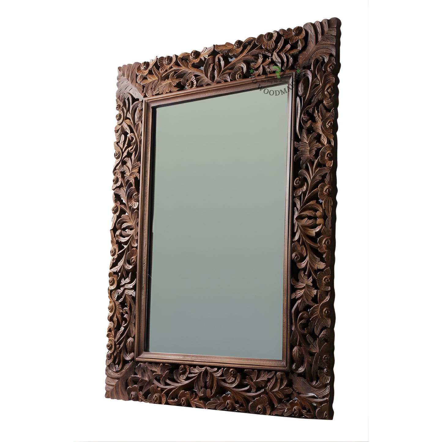 Hand Carved Wooden Wall Mirror with Floral Design Frame