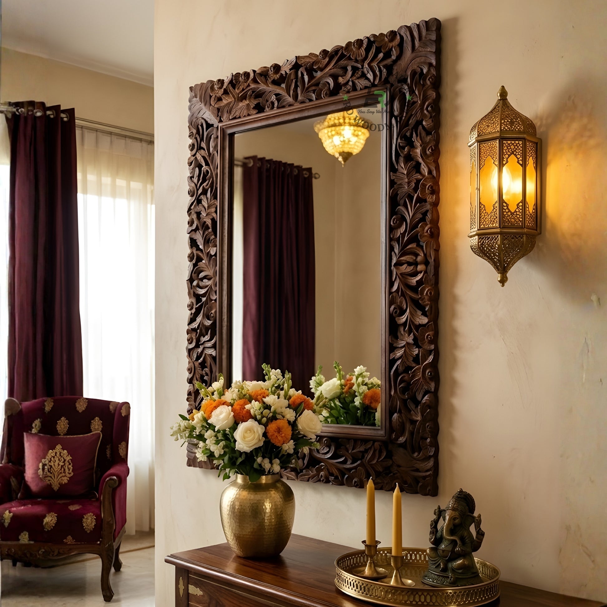 Hand Carved Wooden Wall Mirror with Floral Design Frame