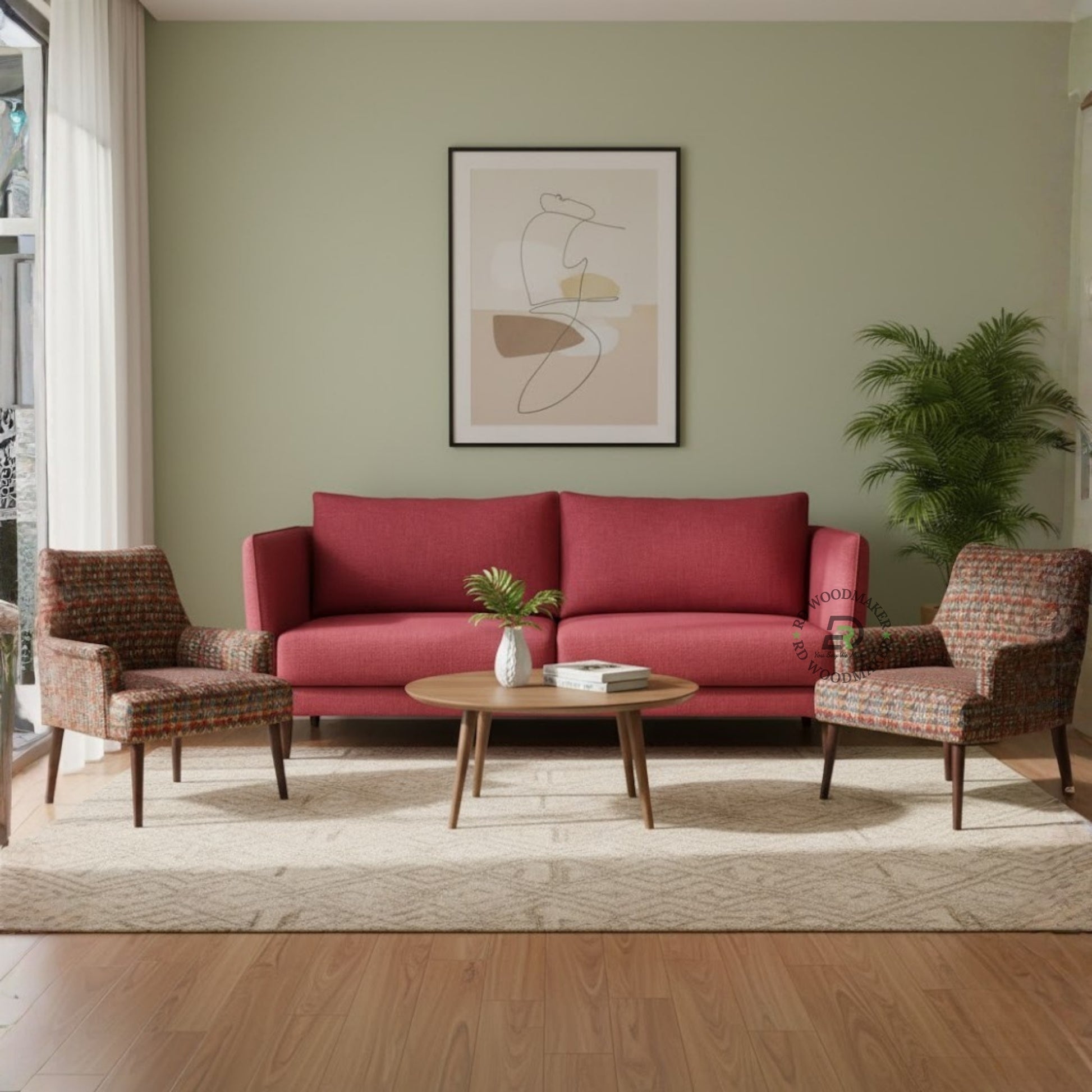 CLASSIC RED FABRIC SOFA WITH WOODEN LEGS