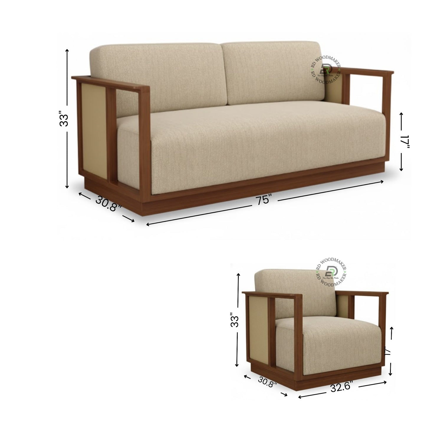MODERN WOOD FRAME BEIGE SOFA