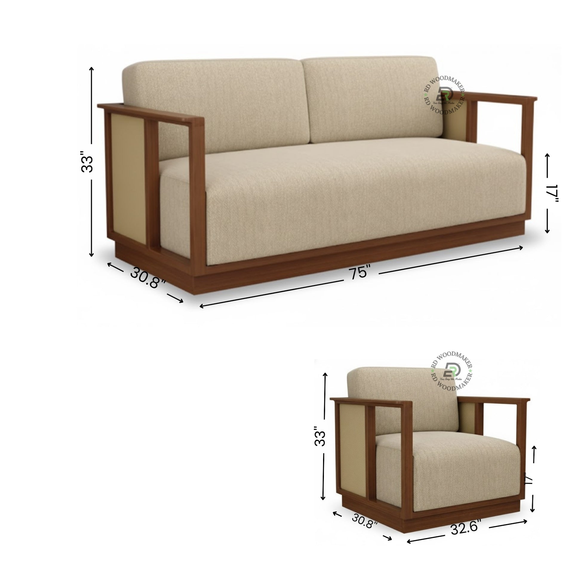 MODERN WOOD FRAME BEIGE SOFA